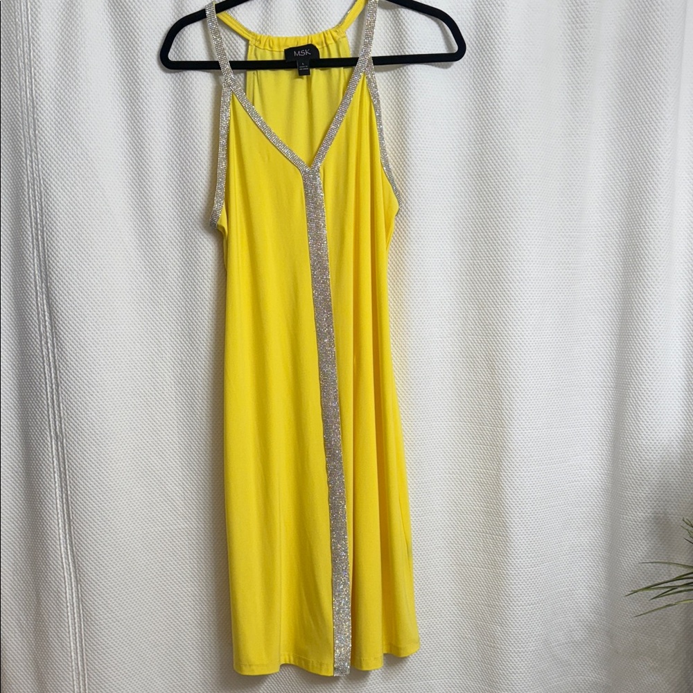 MSK Yellow Cocktail Mini Dress with Silver Rhinestone Trim